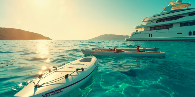 Unmanned luxury yacht anchored in Mediterranean waters near Ibiza with abandoned kayak and paddleboard floating nearby