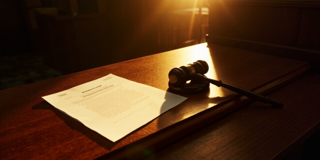 Ornate wooden gavel beside billion-dollar lawsuit documents on a mahogany desk in an empty courtroom with dramatic lighting.