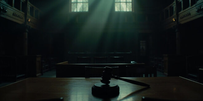 Empty parole hearing room with wooden table, vacant chairs, and official seal on wall