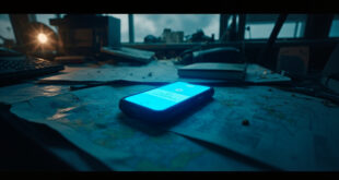 Smartphone displaying urgent weather alert sits alone on meteorologist's desk in empty storm-monitoring station