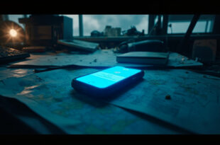 Smartphone displaying urgent weather alert sits alone on meteorologist's desk in empty storm-monitoring station