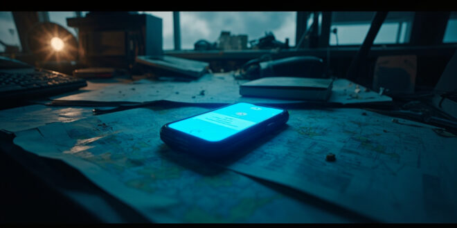 Smartphone displaying urgent weather alert sits alone on meteorologist's desk in empty storm-monitoring station