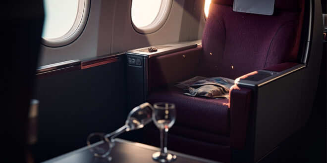 Abandoned first class cabin with empty luxury seat, overturned champagne glass on tray table amid aircraft disruption