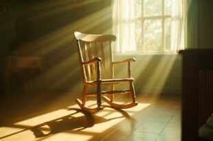 Wooden rocking chair in sunlit nursery room with soft cream and green decor.
