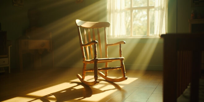 Wooden rocking chair in sunlit nursery room with soft cream and green decor.