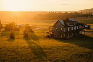 Rustic farmhouse surrounded by rolling green pastures and wooden fences in golden afternoon light