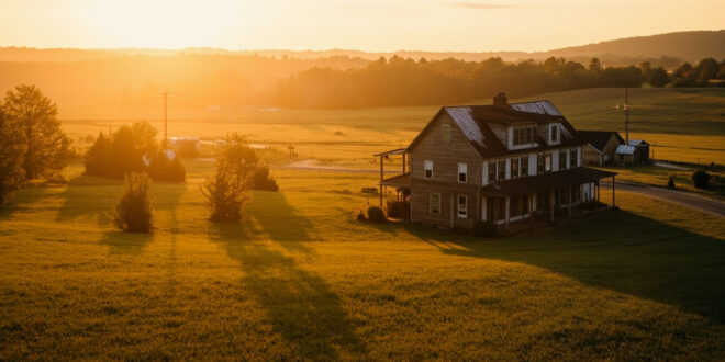 Rustic farmhouse surrounded by rolling green pastures and wooden fences in golden afternoon light