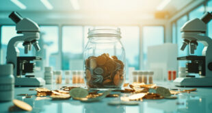 Medical research lab with microscopes, test tubes, and donation collection jar on clean white counter