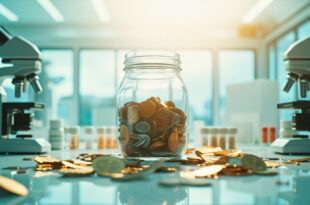 Medical research lab with microscopes, test tubes, and donation collection jar on clean white counter