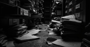 Thick case folders and evidence files scattered across metal desk in police station evidence room with filing cabinets