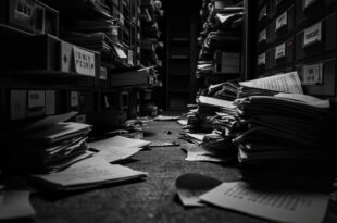 Thick case folders and evidence files scattered across metal desk in police station evidence room with filing cabinets