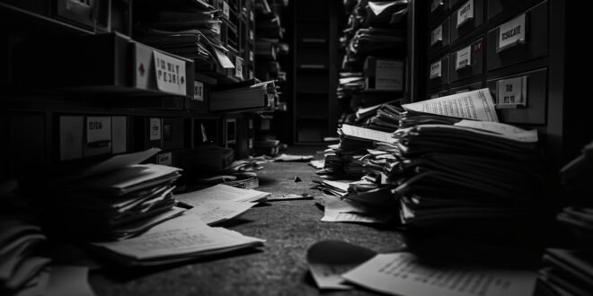 Thick case folders and evidence files scattered across metal desk in police station evidence room with filing cabinets