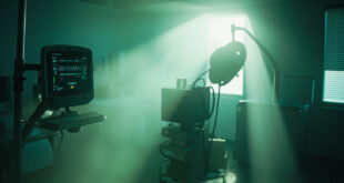 Empty hospital room with medical equipment and hope symbols, featuring heart monitor showing stable rhythm