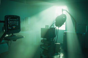 Empty hospital room with medical equipment and hope symbols, featuring heart monitor showing stable rhythm