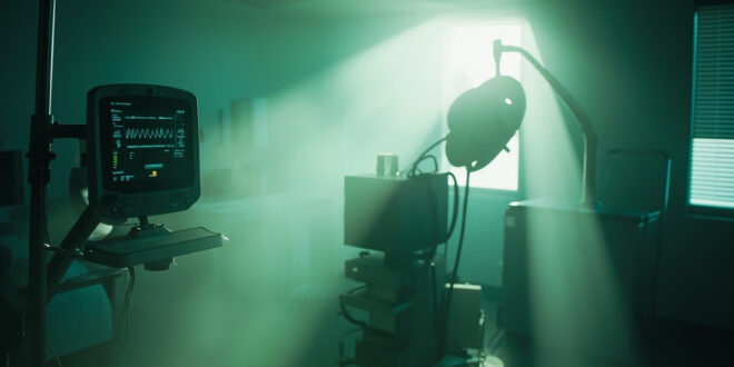 Empty hospital room with medical equipment and hope symbols, featuring heart monitor showing stable rhythm