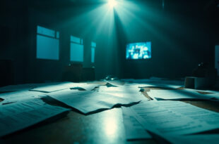 Abandoned TV studio with scattered welfare documents and benefit forms on an empty broadcasting desk.