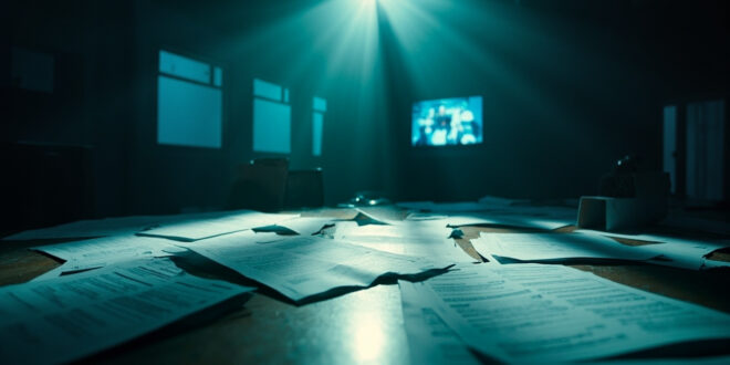 Abandoned TV studio with scattered welfare documents and benefit forms on an empty broadcasting desk.
