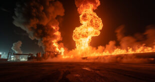 Massive orange fireball erupts from industrial pipeline infrastructure with thick black smoke clouds