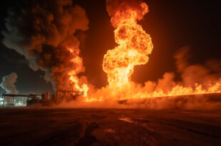 Massive orange fireball erupts from industrial pipeline infrastructure with thick black smoke clouds