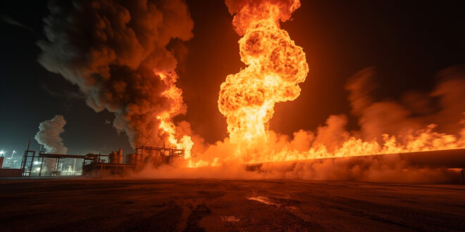 Massive orange fireball erupts from industrial pipeline infrastructure with thick black smoke clouds