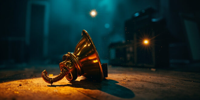 Solitary Grammy trophy sits on empty wooden table in abandoned recording studio at twilight, bathed in gold and blue light