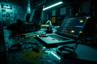 Police investigation desk with laptop, evidence markers, and handcuffs in moody lighting