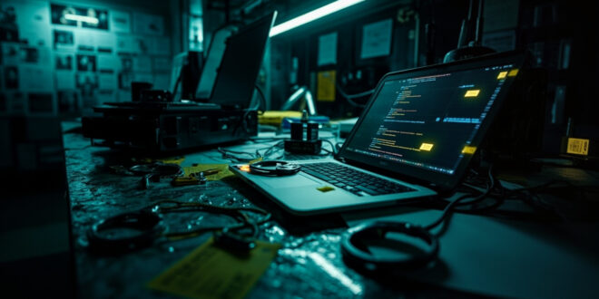 Police investigation desk with laptop, evidence markers, and handcuffs in moody lighting