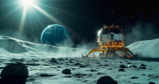 Unmanned nuclear power facility being installed on desolate lunar surface with Earth visible in background