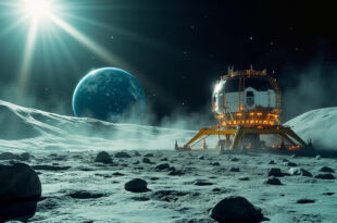 Unmanned nuclear power facility being installed on desolate lunar surface with Earth visible in background