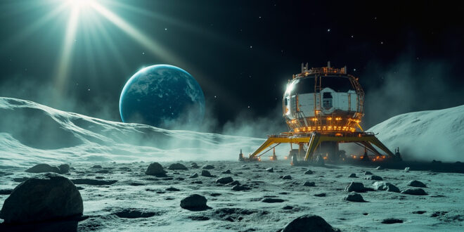 Unmanned nuclear power facility being installed on desolate lunar surface with Earth visible in background