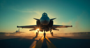 Unmanned Eurofighter jet on standby at deserted military airbase runway during dawn, NATO air defense alert