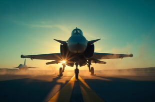 Unmanned Eurofighter jet on standby at deserted military airbase runway during dawn, NATO air defense alert