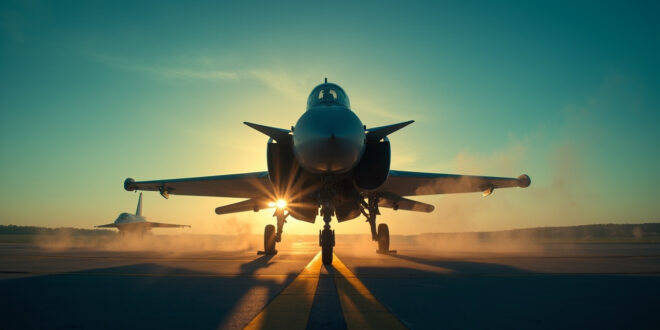 Unmanned Eurofighter jet on standby at deserted military airbase runway during dawn, NATO air defense alert