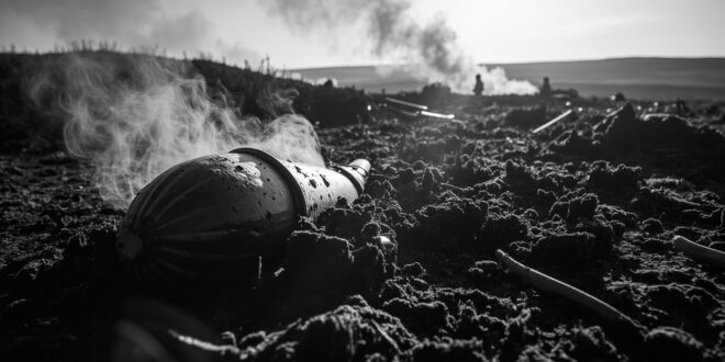 Rusty wartime shell casing protruding from blackened peat moss with smoke drifting across burned moorland hills