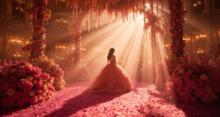 Lavish empty ballroom decorated for quinceañera celebration with elaborate pink and gold floral arrangements and luxury decor