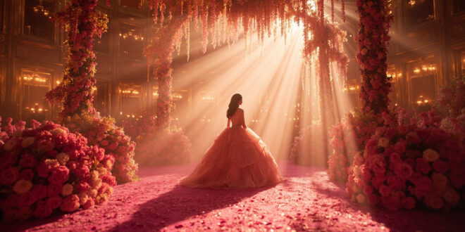 Lavish empty ballroom decorated for quinceañera celebration with elaborate pink and gold floral arrangements and luxury decor