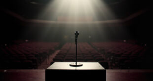 Empty conference hall podium with microphone stand and formal seating rows in dramatic lighting