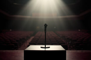 Empty conference hall podium with microphone stand and formal seating rows in dramatic lighting