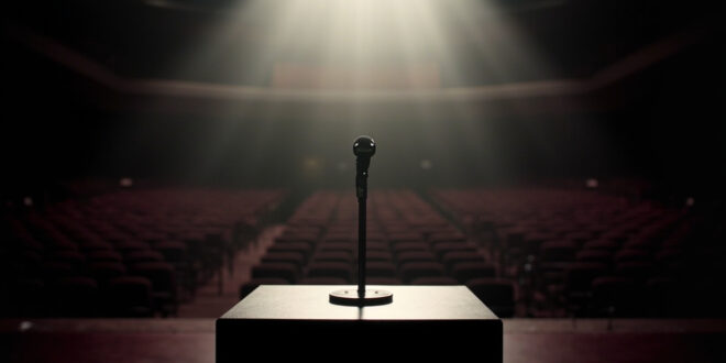 Empty conference hall podium with microphone stand and formal seating rows in dramatic lighting