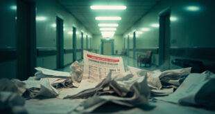 Medical bills and cost charts scattered across an abandoned desk in a sterile hospital corridor with calculator showing rising numbers.