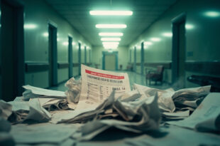 Medical bills and cost charts scattered across an abandoned desk in a sterile hospital corridor with calculator showing rising numbers.