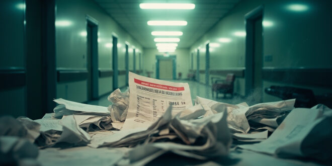 Medical bills and cost charts scattered across an abandoned desk in a sterile hospital corridor with calculator showing rising numbers.