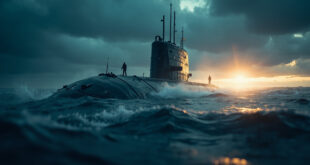 Unmanned nuclear submarine emerges from dark Arctic waters at twilight, creating an ominous silhouette against the steel gray and blue horizon.
