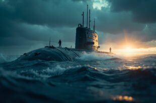 Unmanned nuclear submarine emerges from dark Arctic waters at twilight, creating an ominous silhouette against the steel gray and blue horizon.