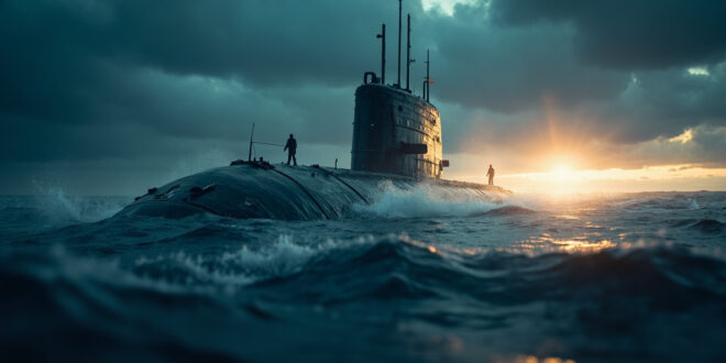 Unmanned nuclear submarine emerges from dark Arctic waters at twilight, creating an ominous silhouette against the steel gray and blue horizon.