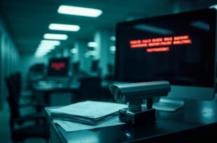 Tiny hidden camera device placed next to official driving license documents on examination desk