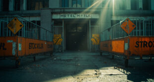 Abandoned hotel with barricaded entrance on empty London street, metal barriers and warning signs in steel gray and orange