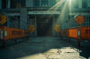 Abandoned hotel with barricaded entrance on empty London street, metal barriers and warning signs in steel gray and orange