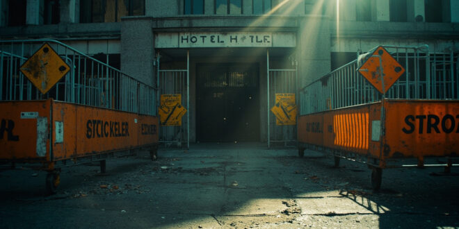 Abandoned hotel with barricaded entrance on empty London street, metal barriers and warning signs in steel gray and orange
