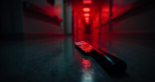 Bread knife on white hospital floor under harsh fluorescent lighting